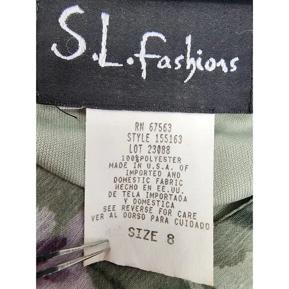Vintage 90s SL Fashions Floral Asymmetric Chiffon Overlay V-Neck Dress 8 Green - Picture 5 of 10